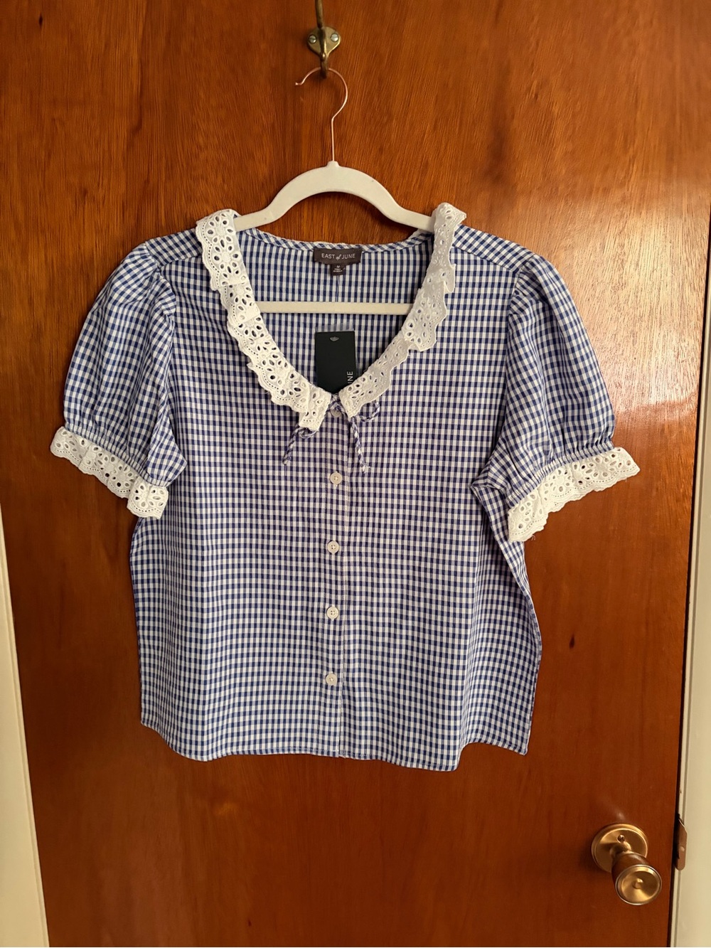 Blue Gingham Eyelet Collar Button-Up Top